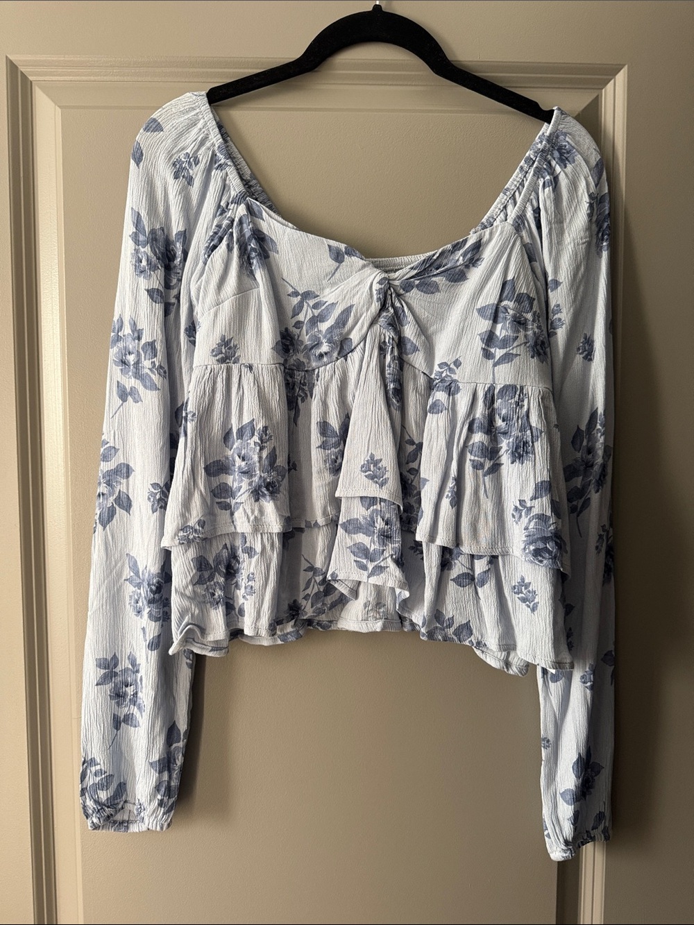 Hollister Blue Floral Tie-Front Ruffle Blouse on White